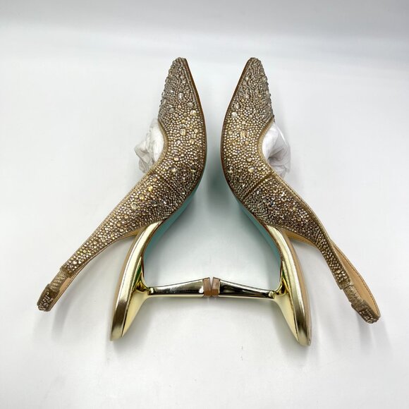 Betsey Johnson Size 6.5 Clark Gold Jewel Encrusted Slingback Heels Pumps‎ Shoes - Picture 8 of 13